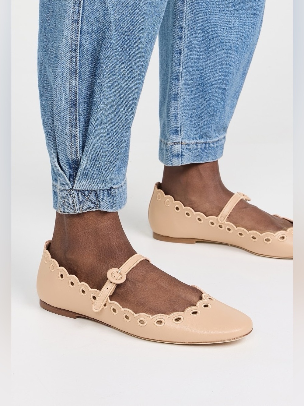 Larroude Blair Broiderie Scalloped Mary Jane Ballet Flats in Nude